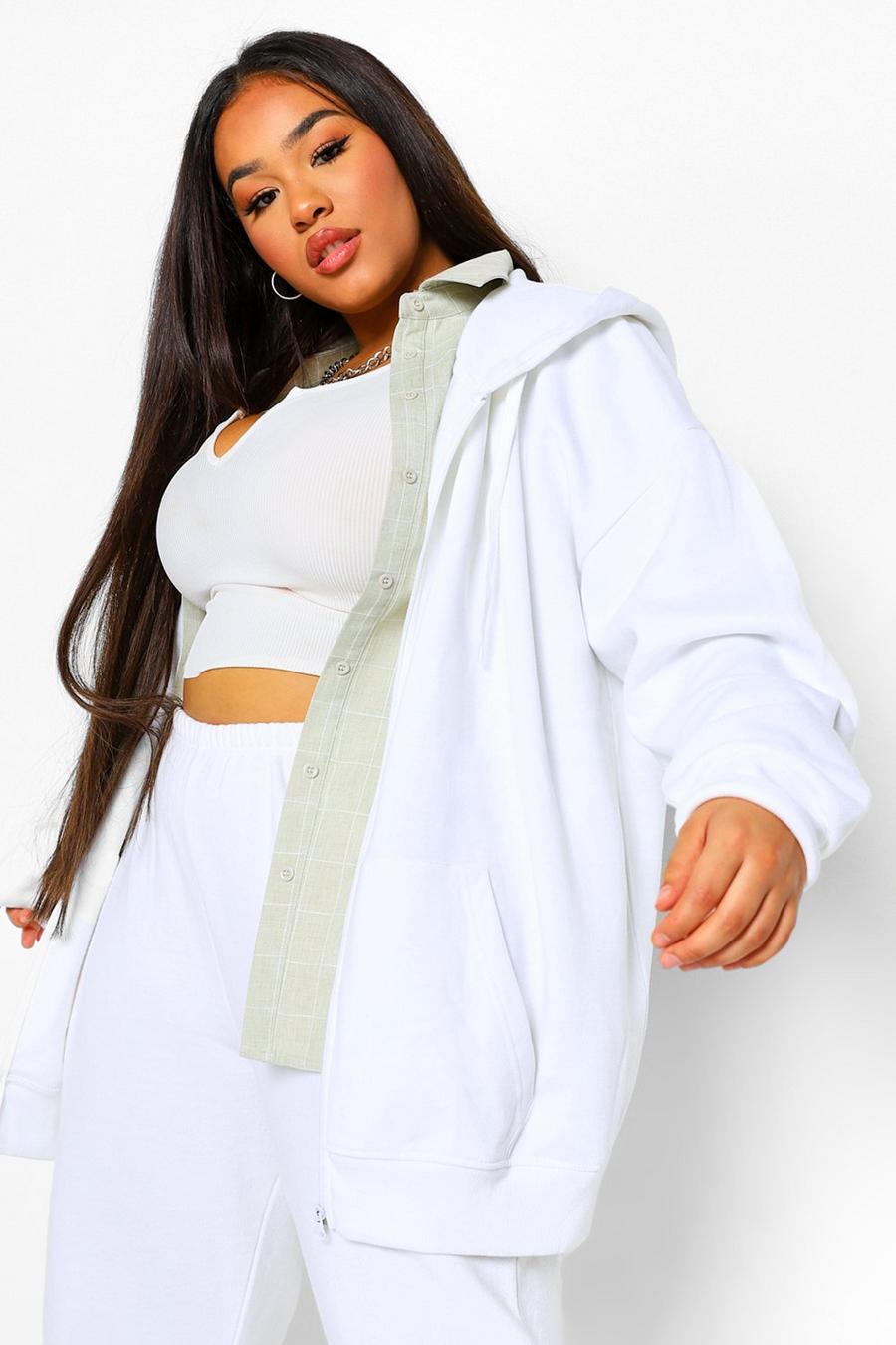 Grande taille - Sweat à capuche basique oversize et zippé, Blanc image number 1