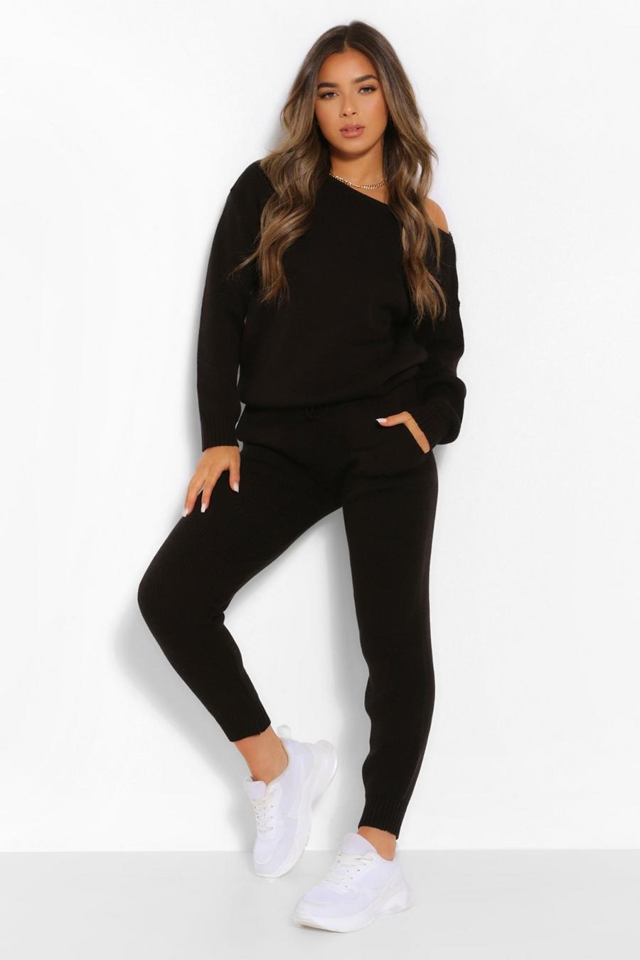 Black Petite Knitted Slash Neck Long Sleeve Two-Piece