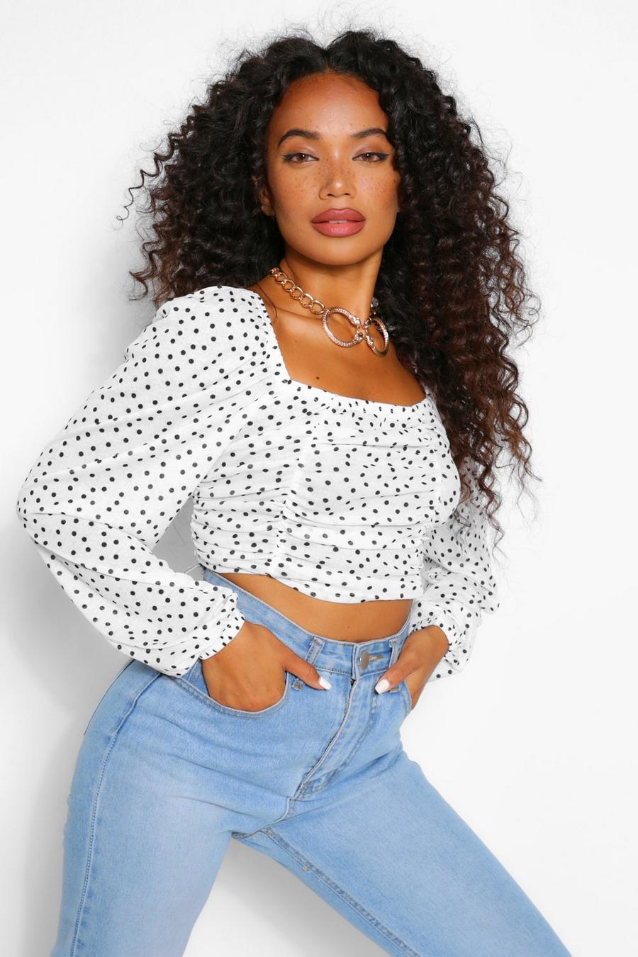 White Petite Spot Long Sleeved Ruched Front Crop Top image number 1