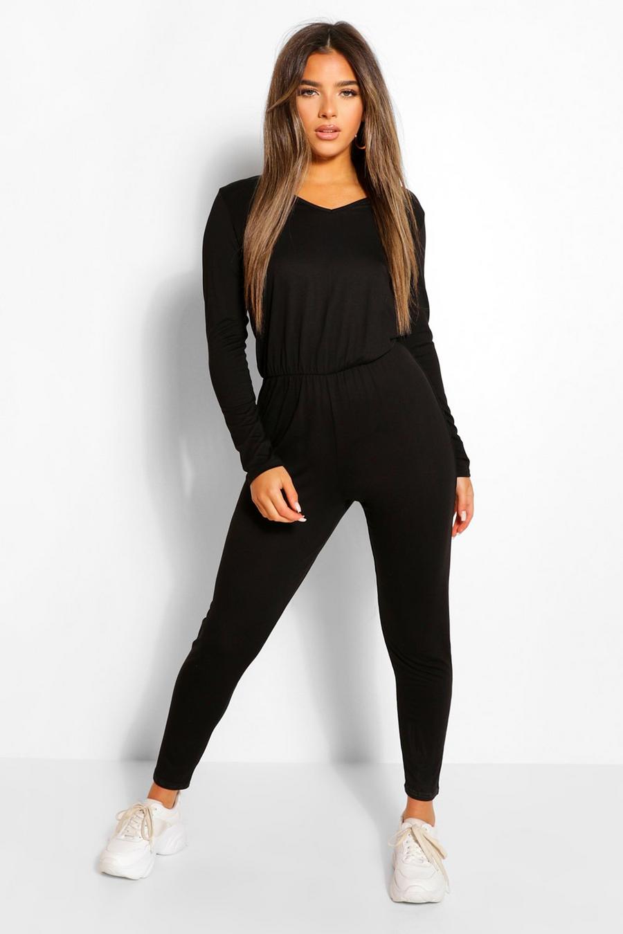 Black Petite Long Sleeve Basic Jumpsuit image number 1