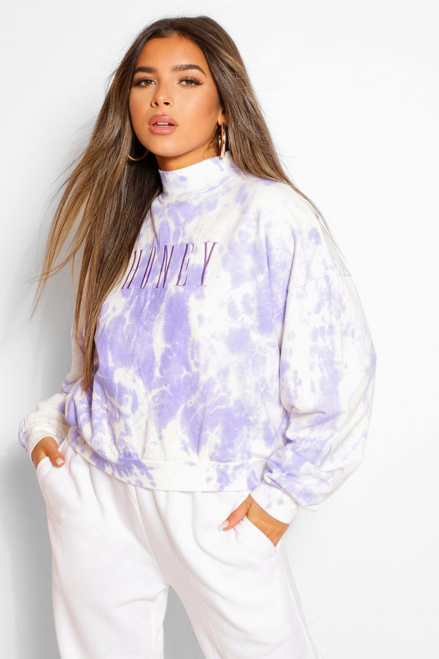 Lilac Petite Tie Dye 'Honey' Slogan Embroidered Sweat image number 1