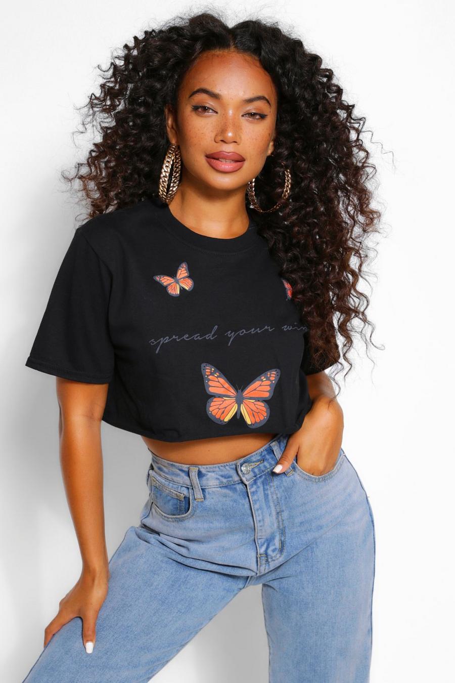 Petite - Kort t-shirt med fjärilar image number 1