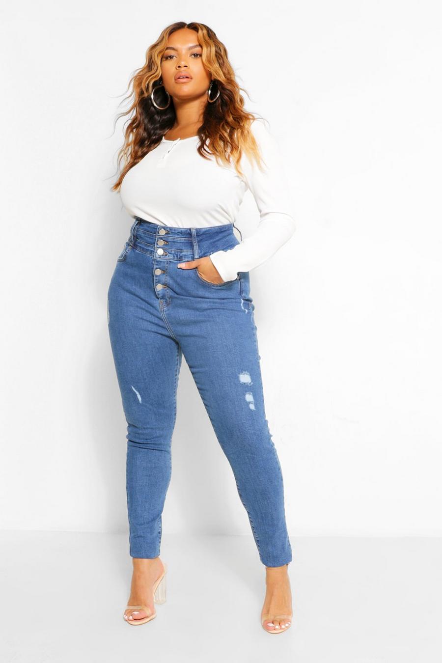 Mid blue Plus Button High Waist Shaper Skinny Jeans image number 1