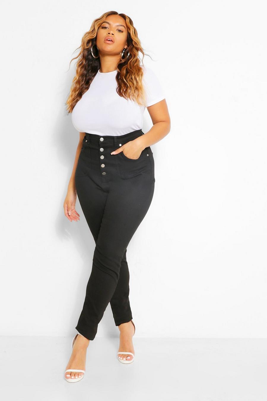Black Plus Button High Waist Shaper Skinny Jeans image number 1
