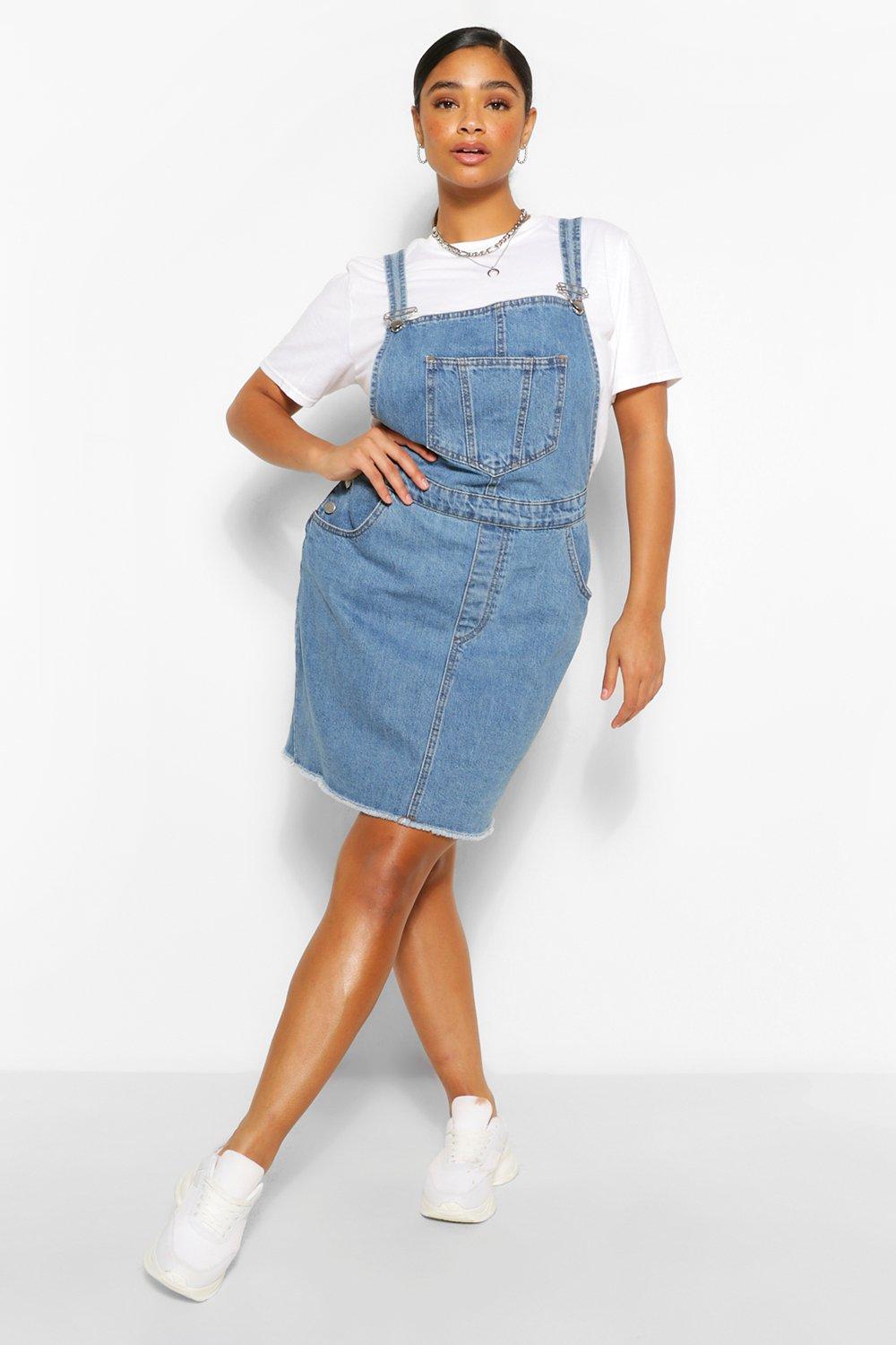 Plus Denim Pocket Fray Hem Pinafore Dress