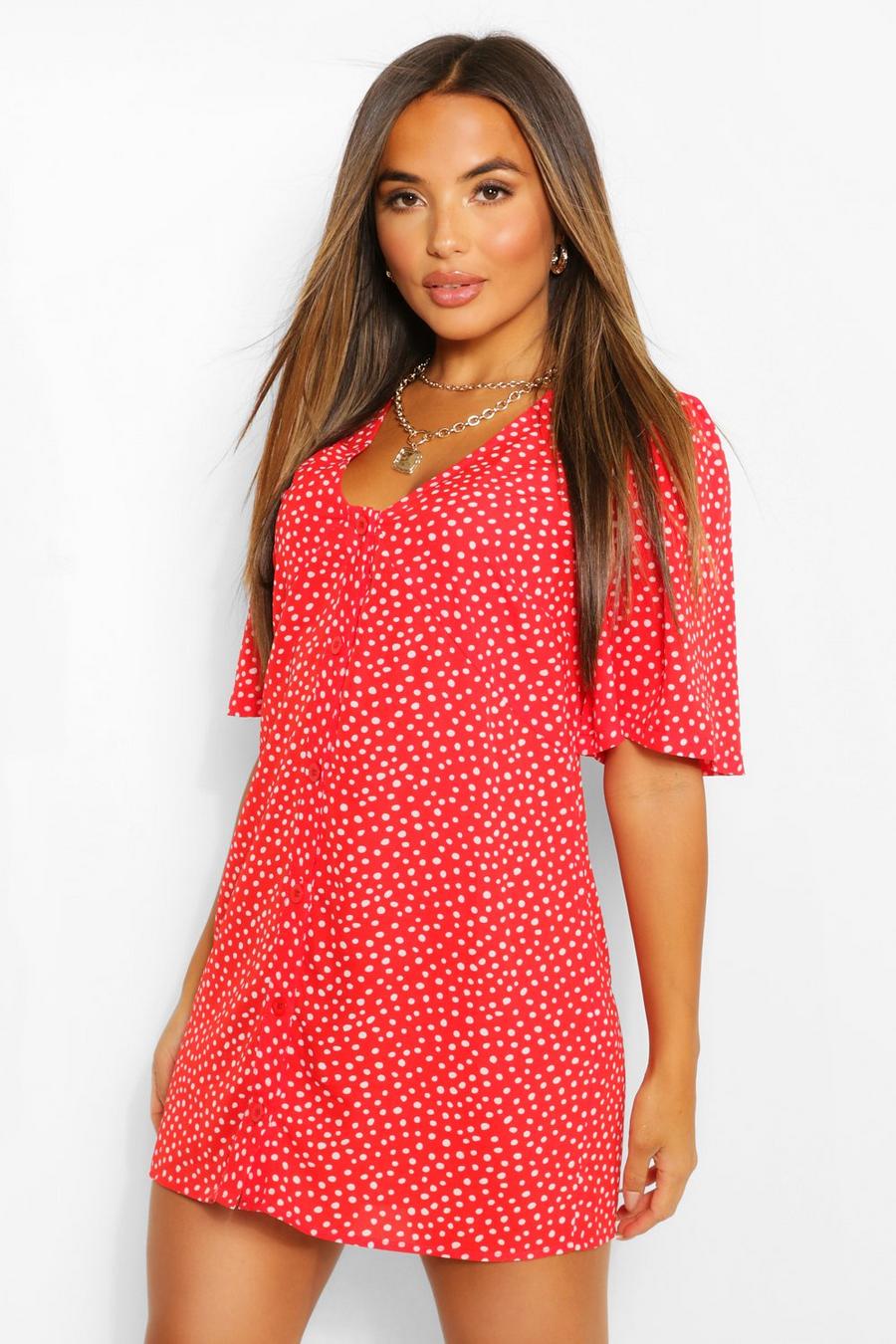אדום שמלת שיפט מיני עם כפתורים בהדפס נקודות פולקה פטיט image number 1