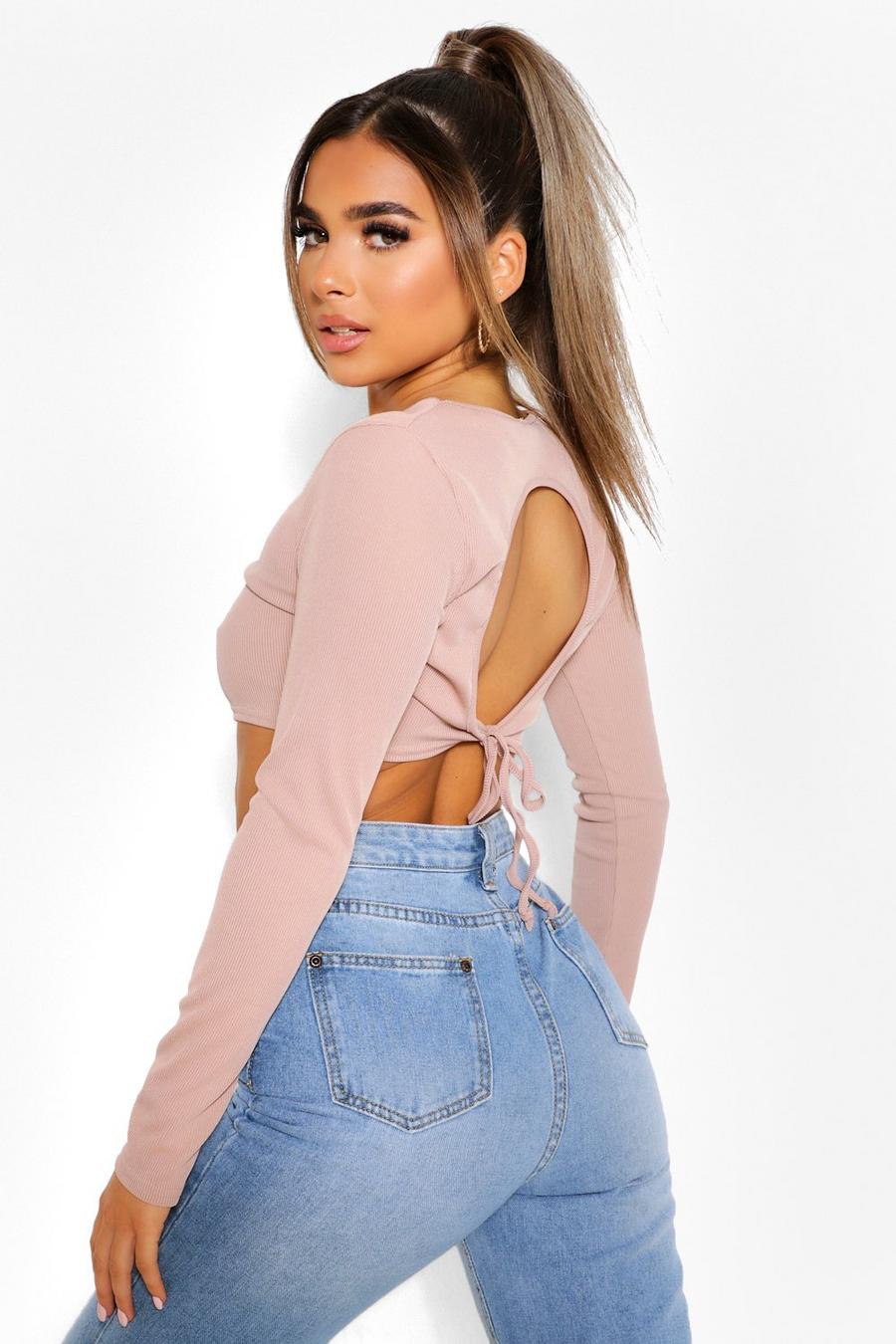 Petite Long Sleeve Tie Back Detail Crop Top image number 1