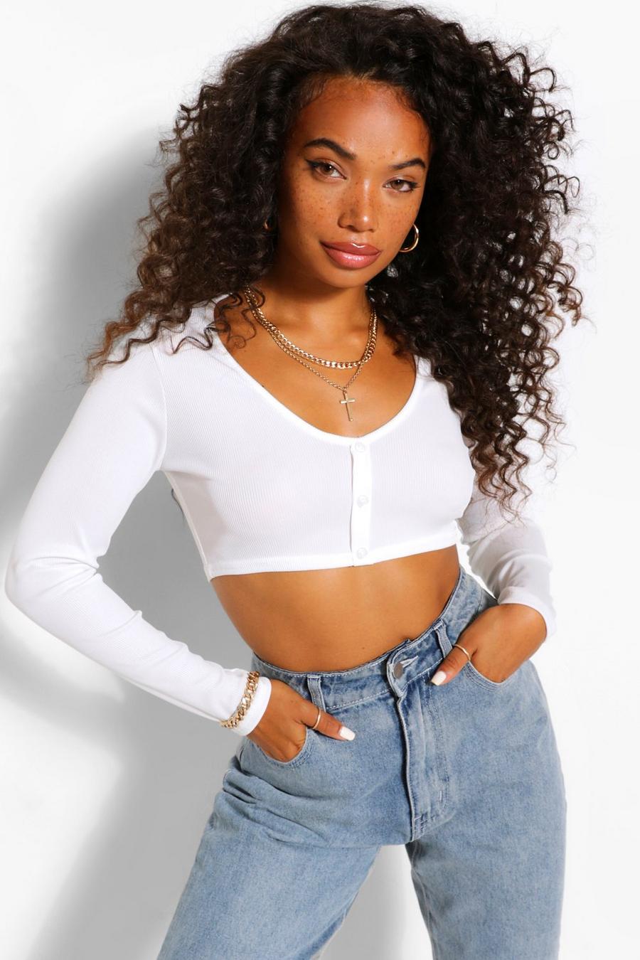 Ivory Petite Button Detail Long Sleeve Crop Top image number 1