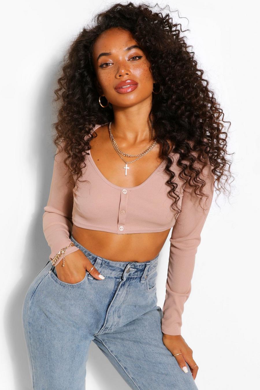 Sand Petite Button Detail Long Sleeve Crop Top image number 1