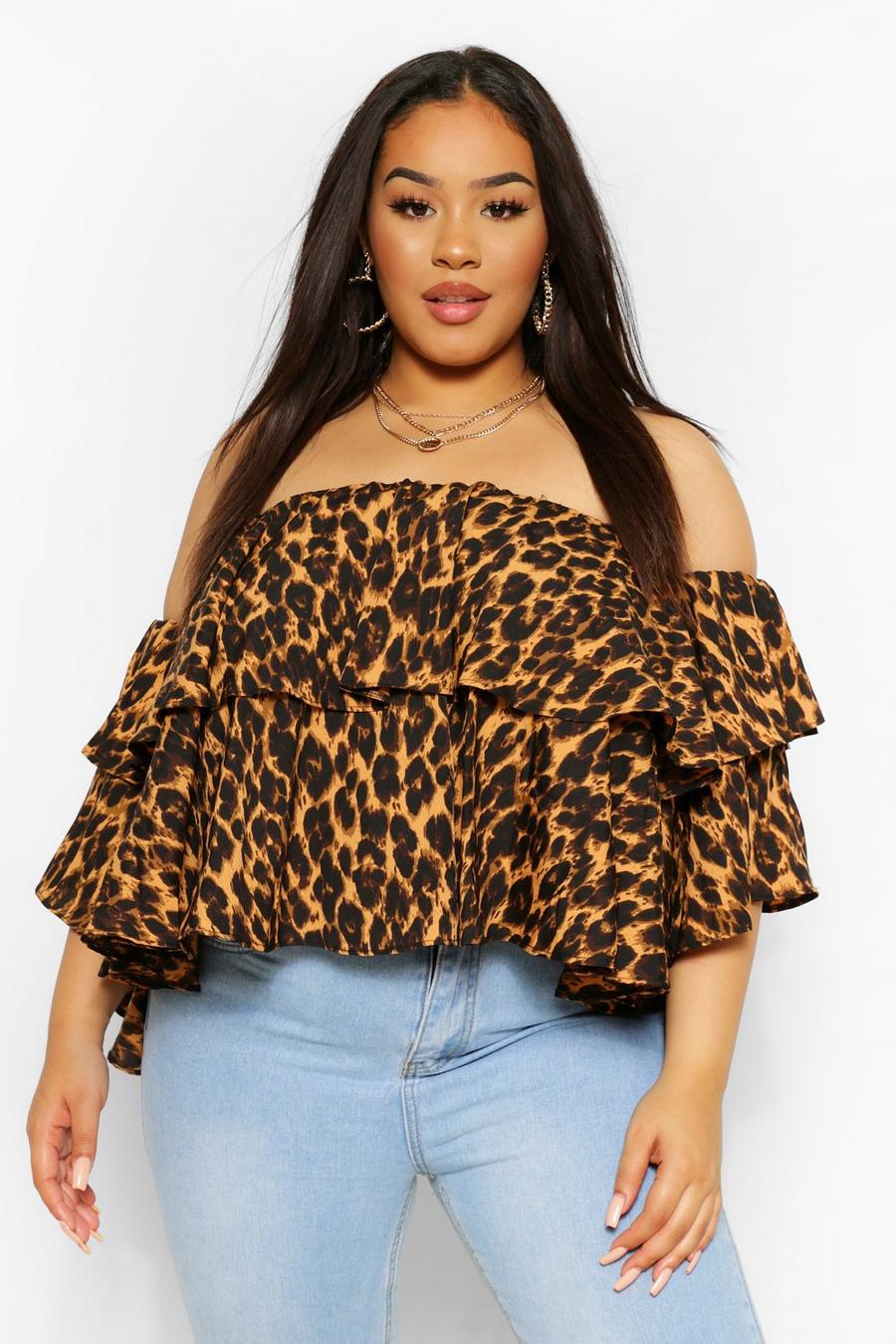 Plus Woven Leopard Ruffle Off The Shoulder Top image number 1