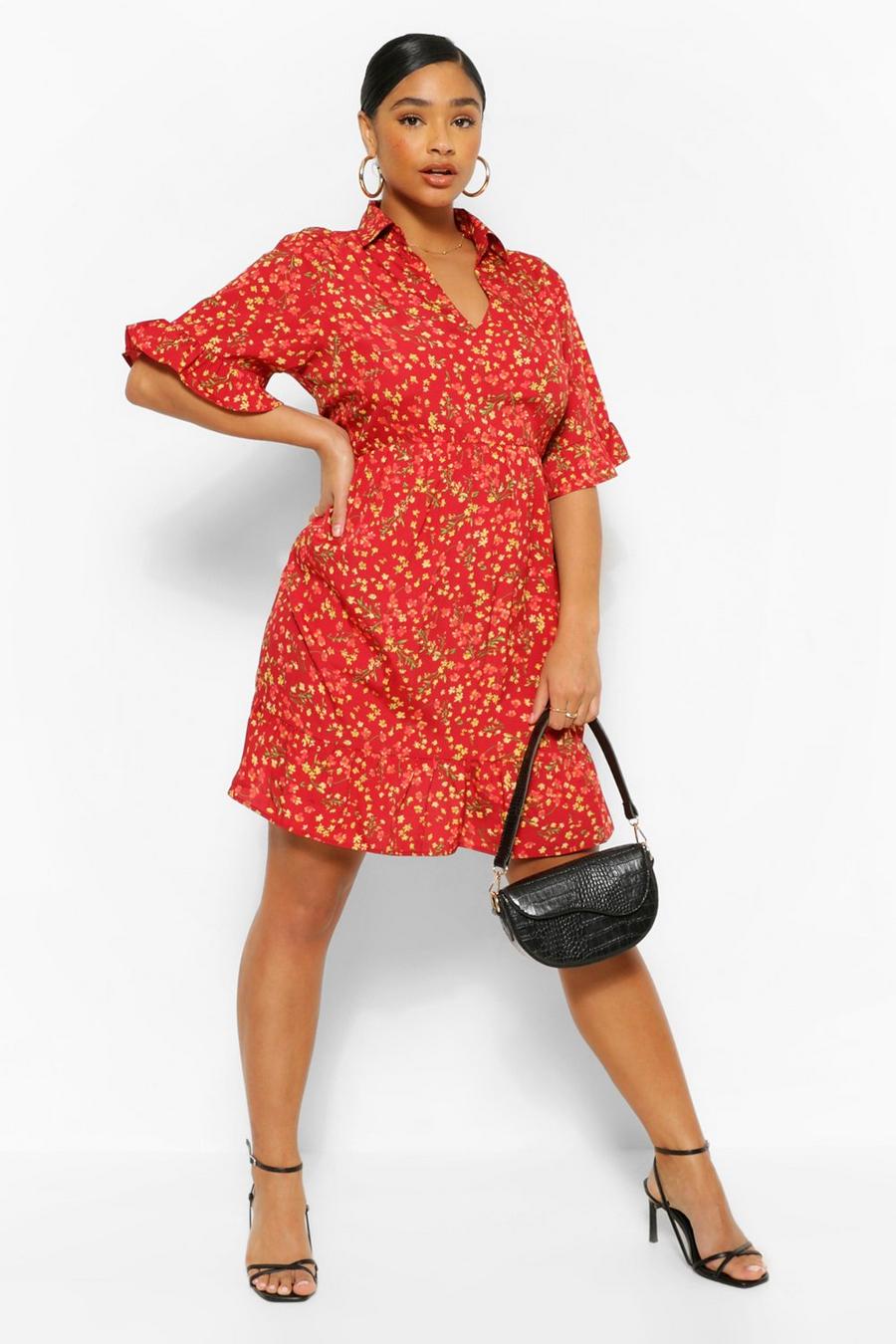 Red Plus Floral Woven Tiered Smock Dress image number 1