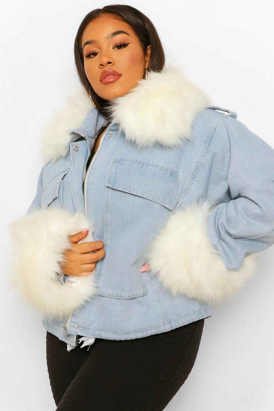 Plus giacca in denim oversize con colletto e polsini in pelliccia sintetica, Azzurro image number 1