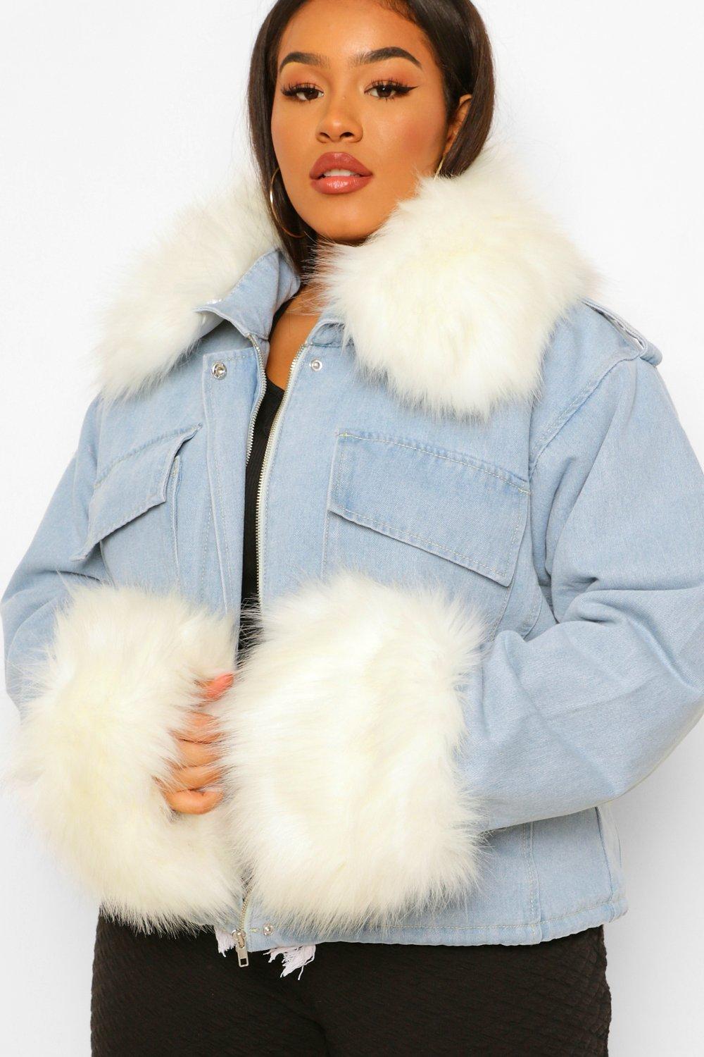 Girls denim jacket on sale with fur collar