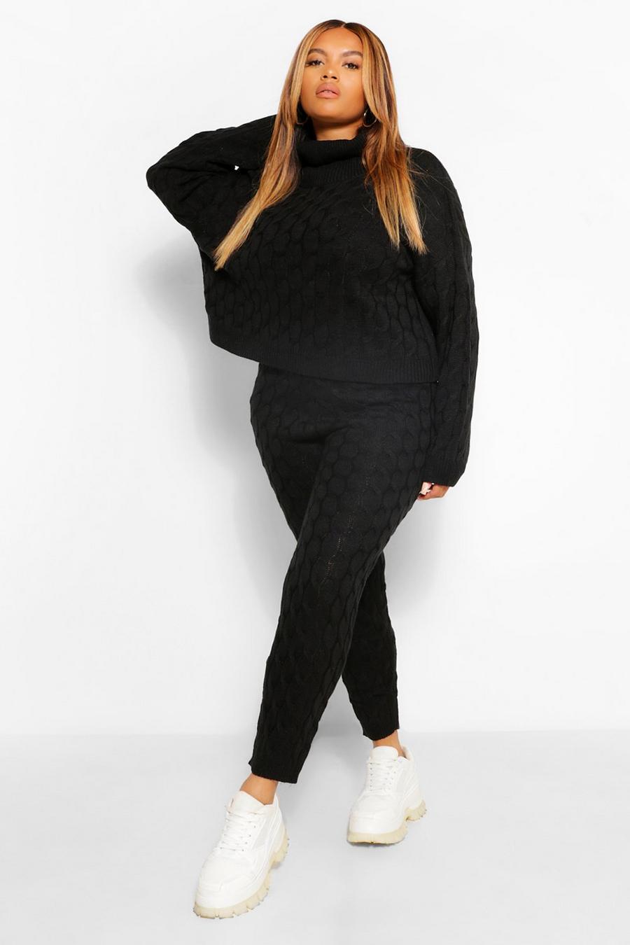 Black Plus Cable Knitted Jumper And Track Pant Lounge Set image number 1