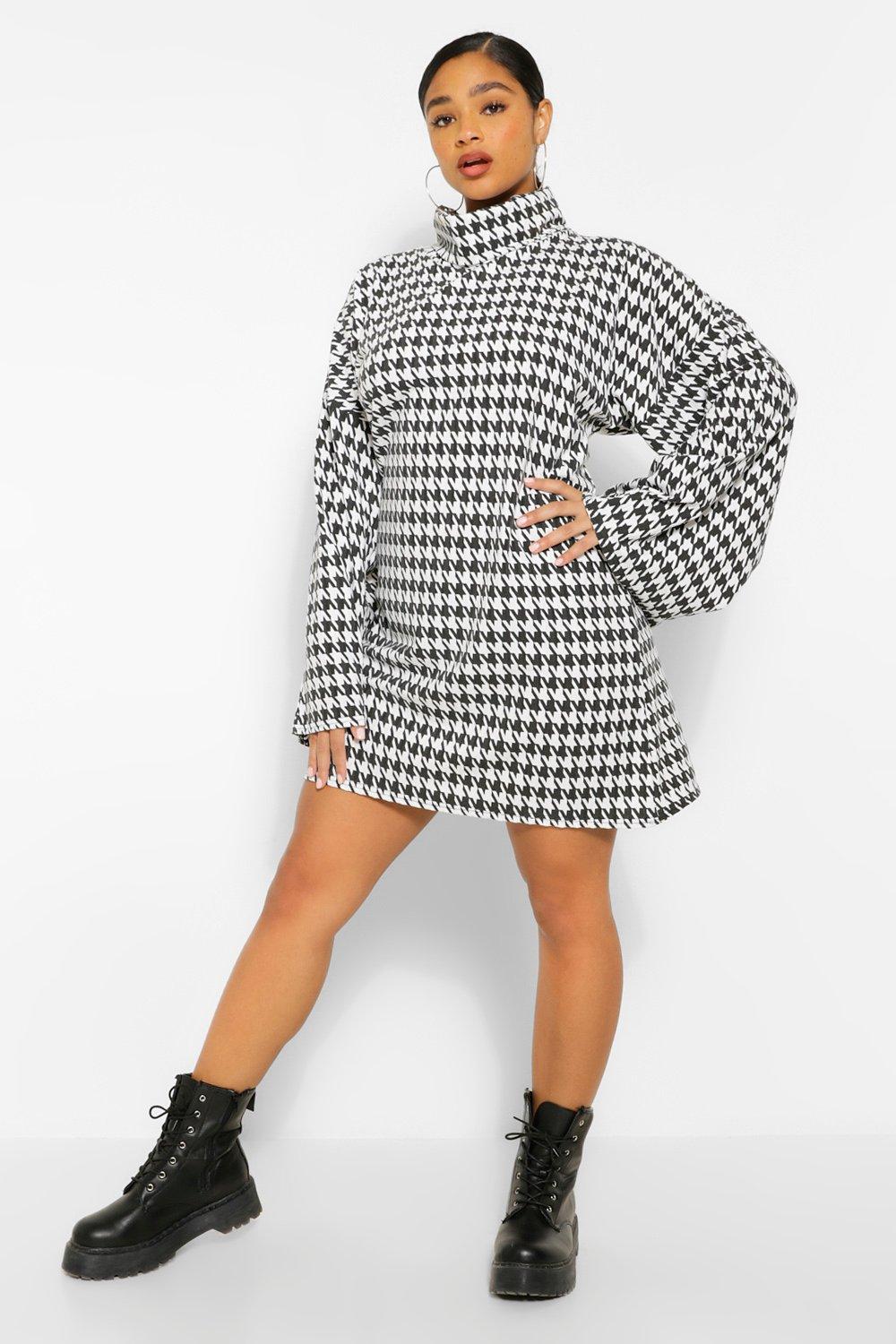 Plus Dogtooth Roll Neck Flare Sleeve Jumper Dress boohoo