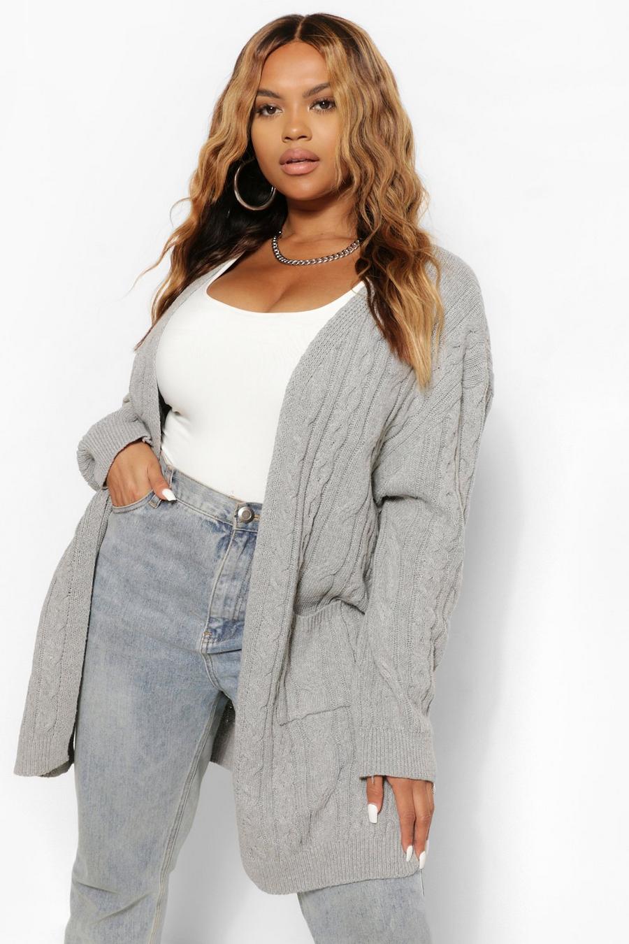 Grey Plus Cable Knit Oversized Cardigan image number 1