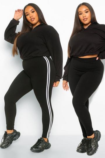 Plus Gestreepte En Effen Legging Duoverpakking black