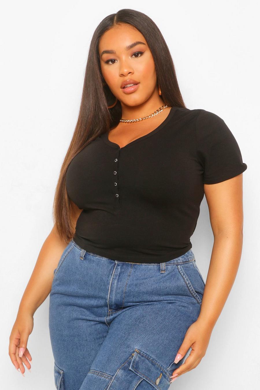 Black Plus Button Up Cropped T-Shirt image number 1
