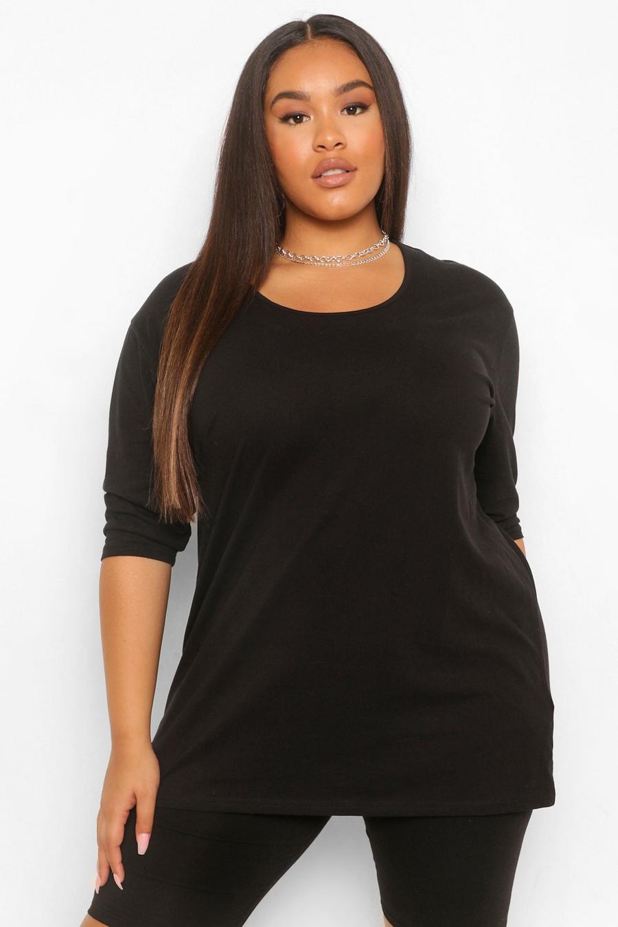Black Plus Basic Oversized Dip Hem 3/4 Sleeve T-Shirt image number 1