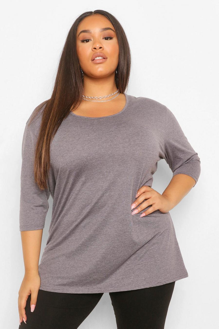 Charcoal grey Plus Basic Oversized Dip Hem 3/4 Sleeve T-Shirt