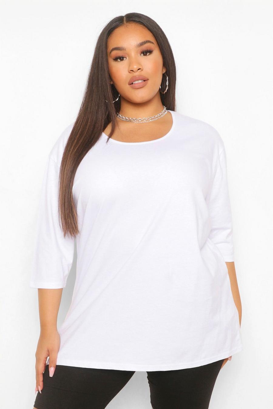 White blanc Plus Basic Oversized Dip Hem 3/4 Sleeve T-Shirt