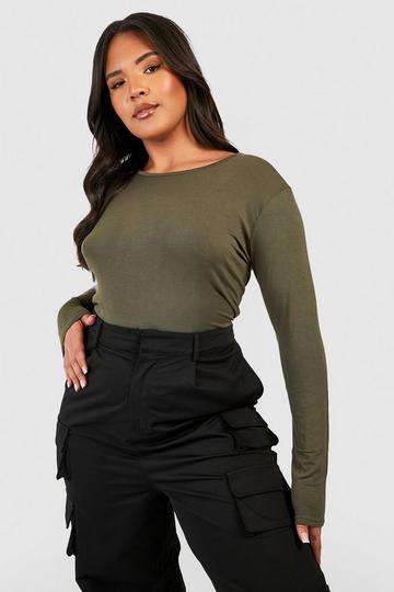 Plus Basic T-Shirt Met Lage Ronde Hals En Lange Mouwen khaki