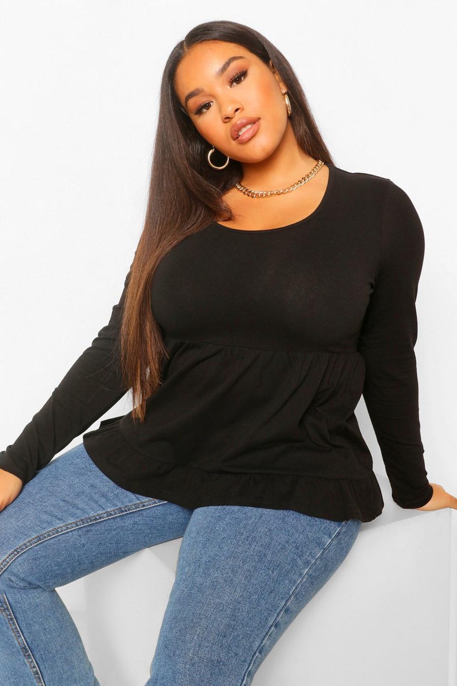 Black Plus Square Neck Tiered Long Sleeve Smock Top image number 1