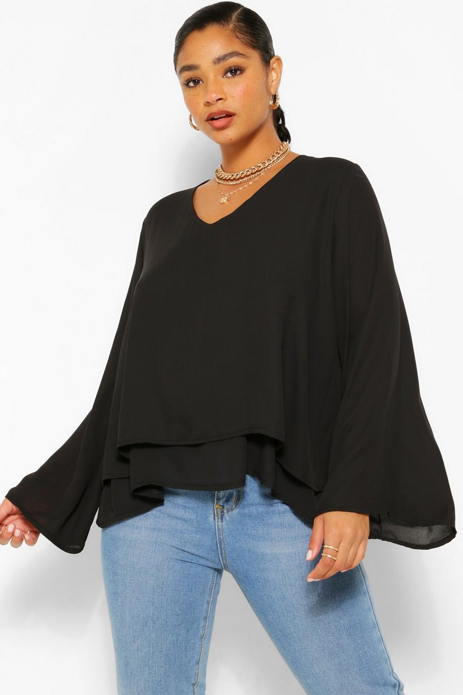 Black Plus Double Layer V Neck Swing Blouse image number 1