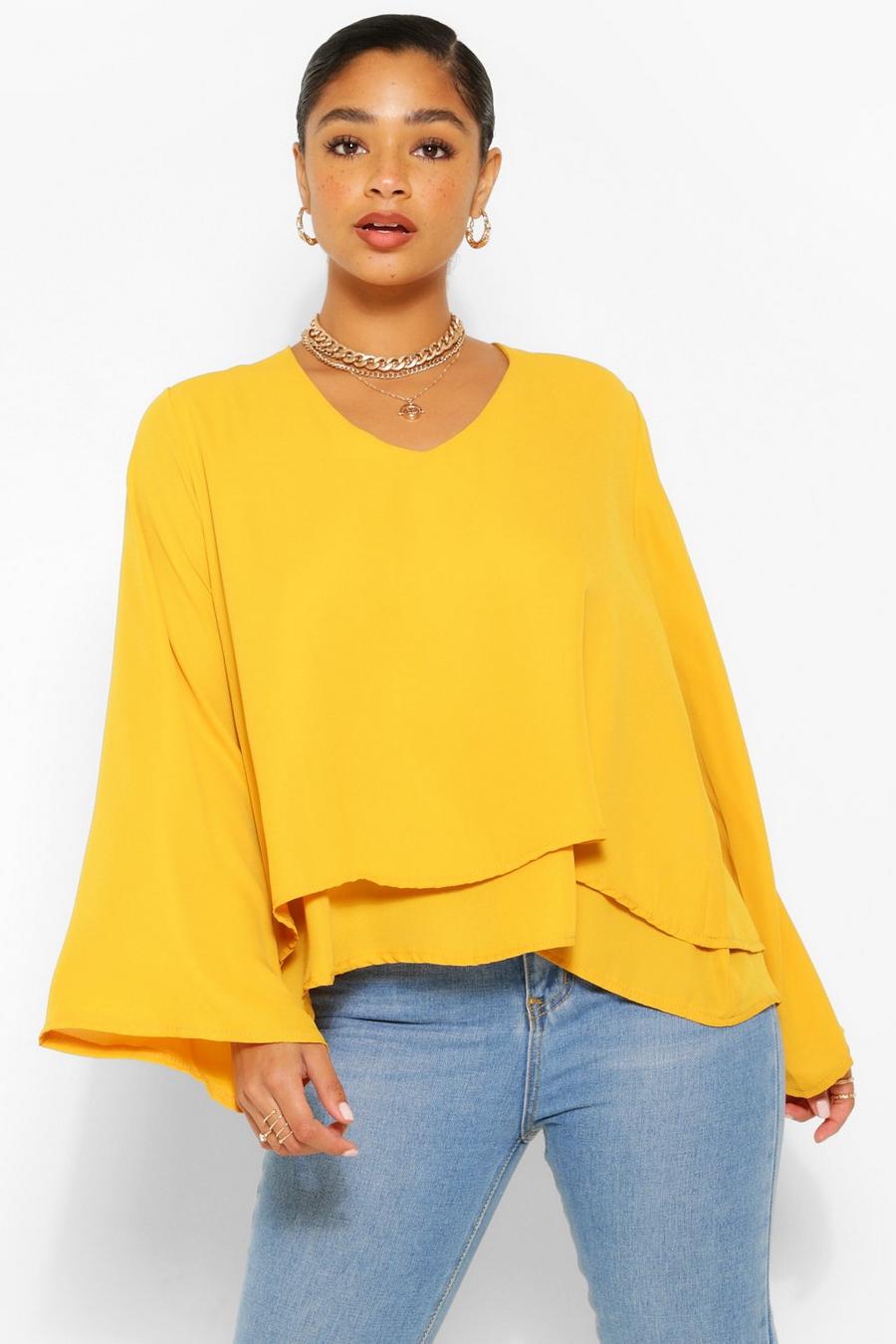 Mustard Plus Double Layer V Neck Swing Blouse image number 1