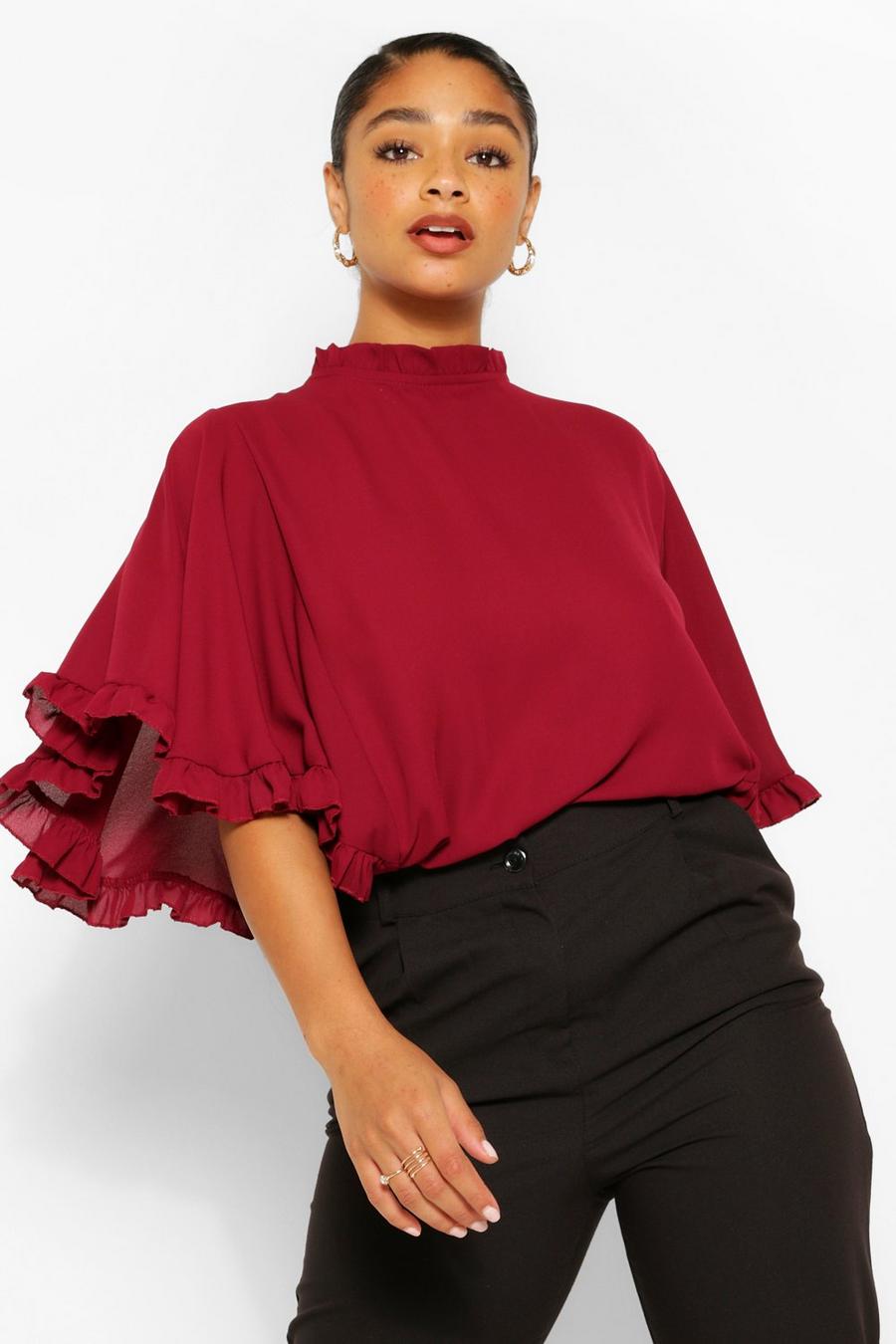Berry Plus Ruffle Angel Sleeve High Neck Blouse image number 1