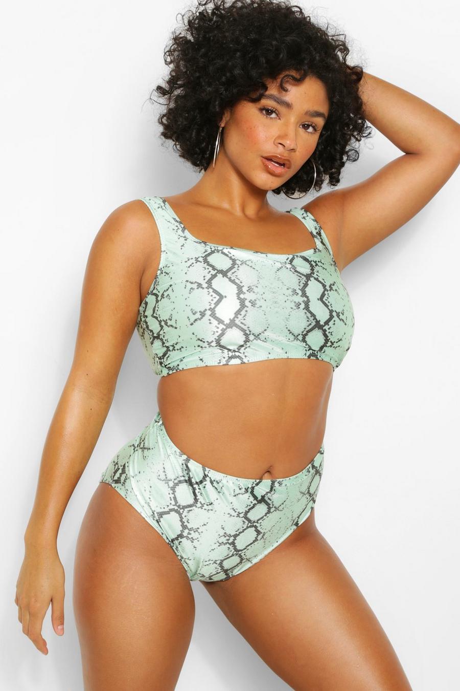 Plus High-Waist Bikini mit neonfarbenem Schlangenmuster, Limettengrün image number 1