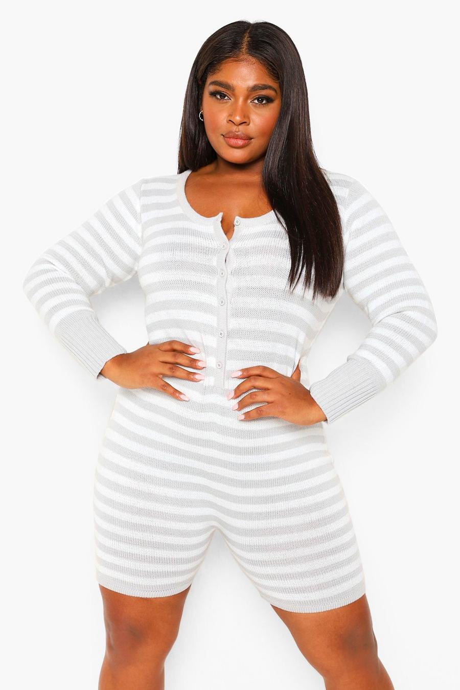 Grey Plus Striped Knitted Short Onesie image number 1
