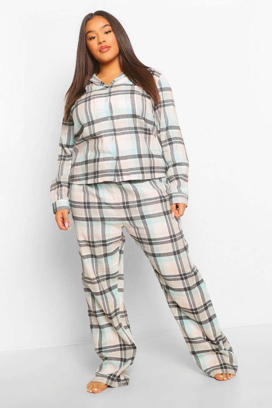Plus - Rutig pyjamas med långbyxor och borstad yta image number 1