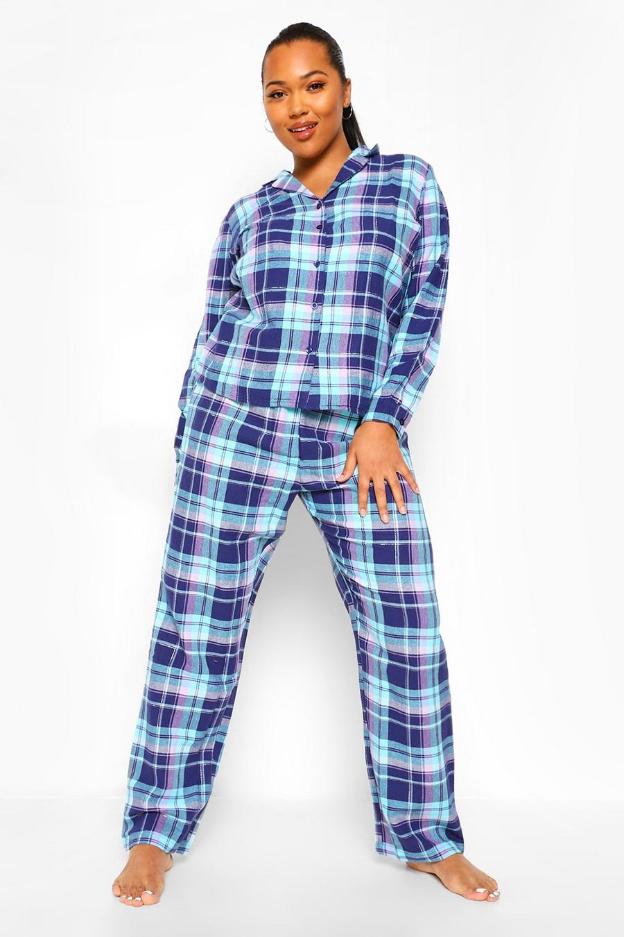 Plus - Rutig pyjamas med borstad yta och långbyxor image number 1