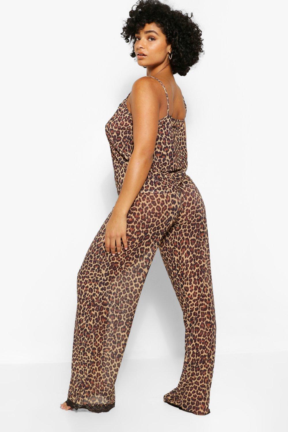 Plus Leopard Print Polka Dot Lace Trim Camisole & Pants Pajama Set