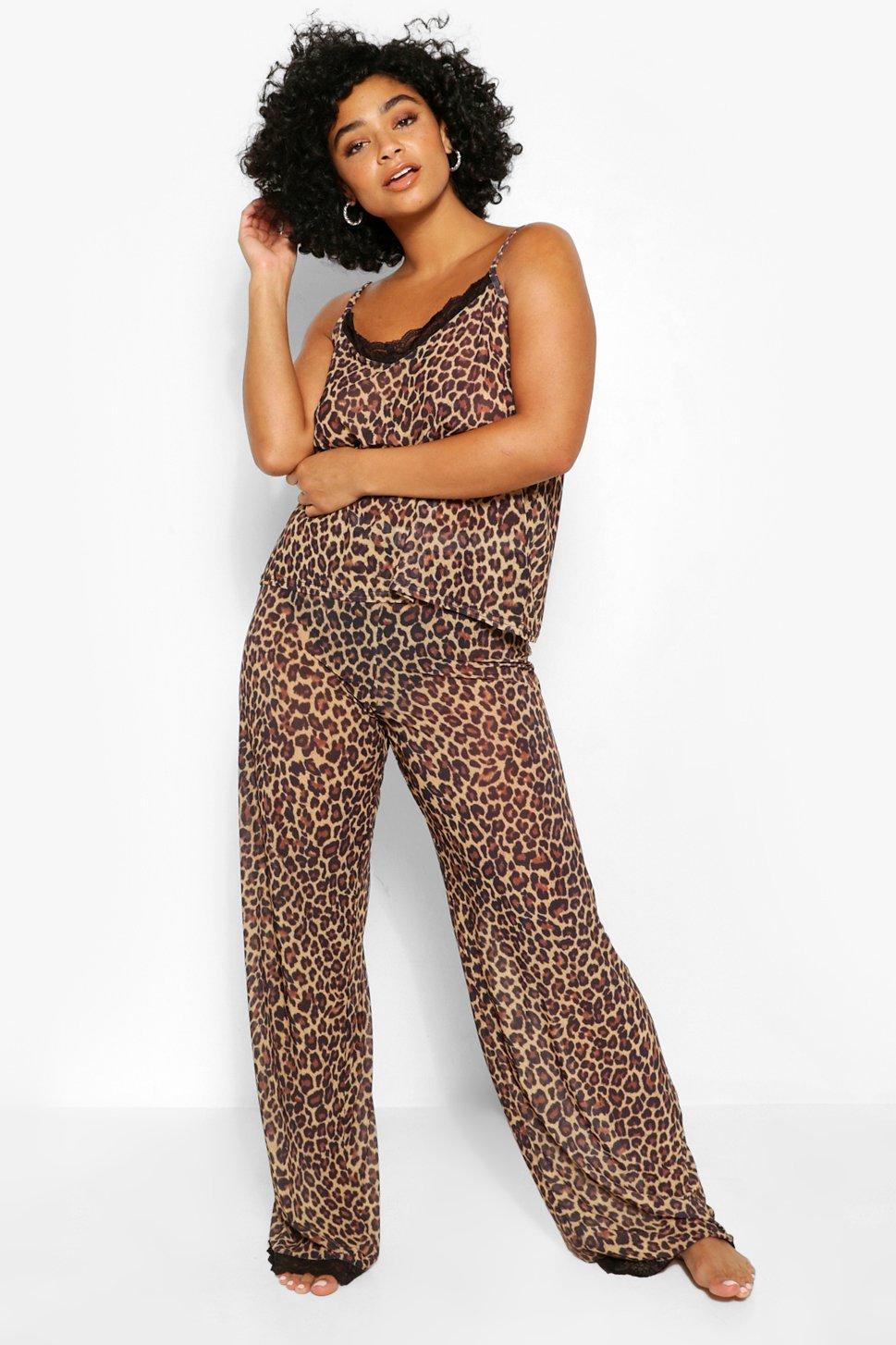 Plus Size Casual Pajama Set, Women's Plus Ombre Leopard Print Short Sleeve  Top & Pants Pajama Two Piece Set