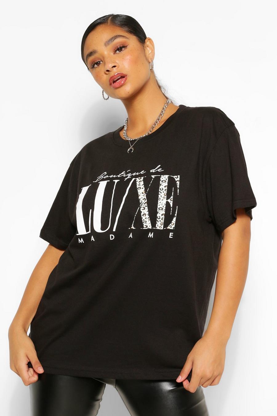 Plus T-Shirt mit „Luxe Animal“-Slogan, Schwarz image number 1