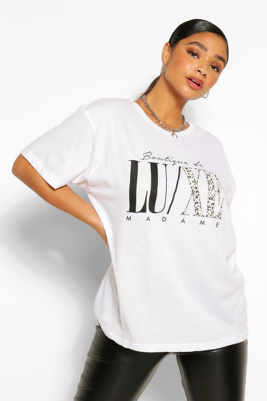 Wit Plus Luxe Dierenprint T-Shirt Met Tekst image number 1