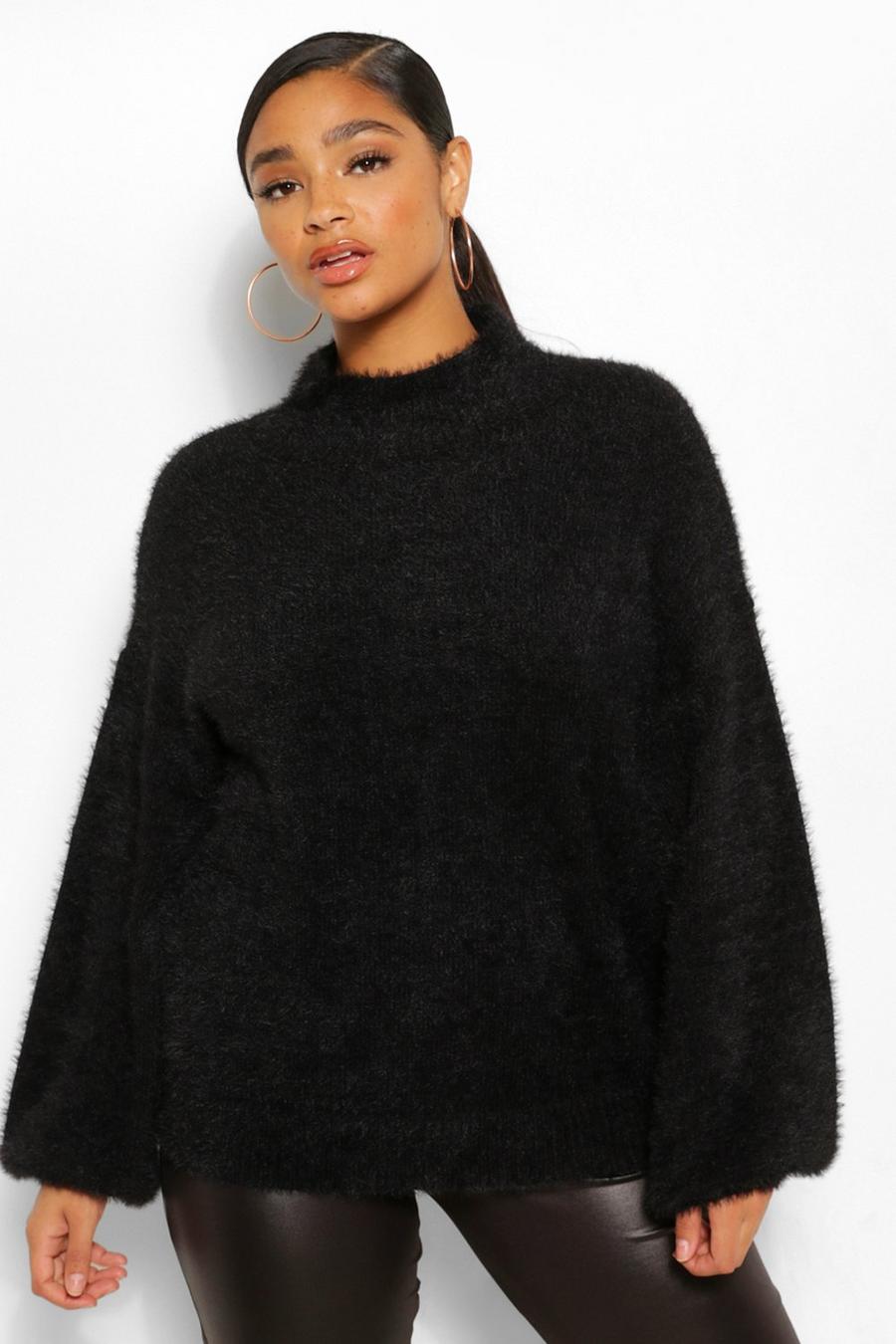 Black Plus Premium Fluffy Knit Balloon Sleeve Sweater image number 1