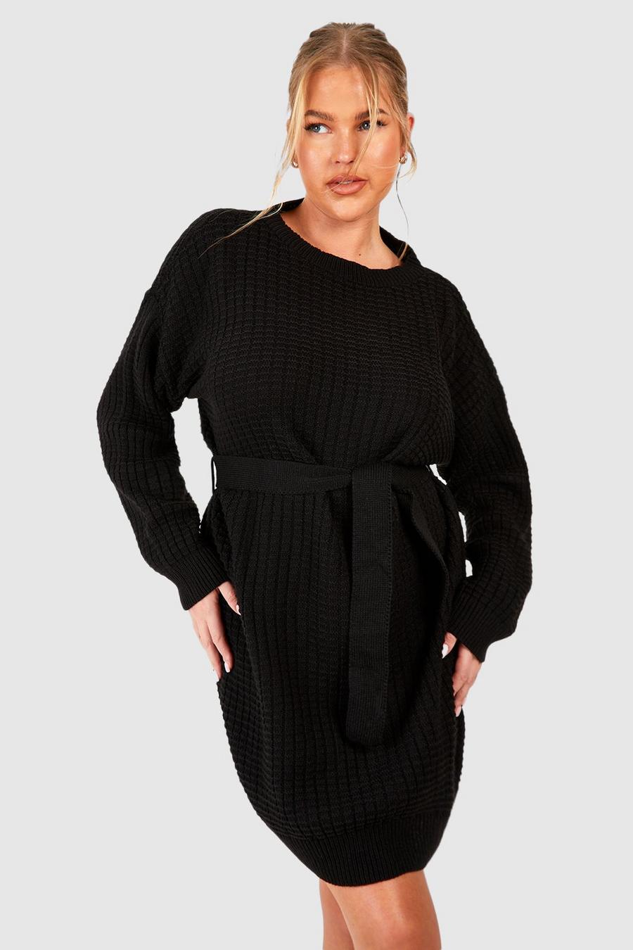 Black Plus Waffle Knitted Self Belt Jumper Dress