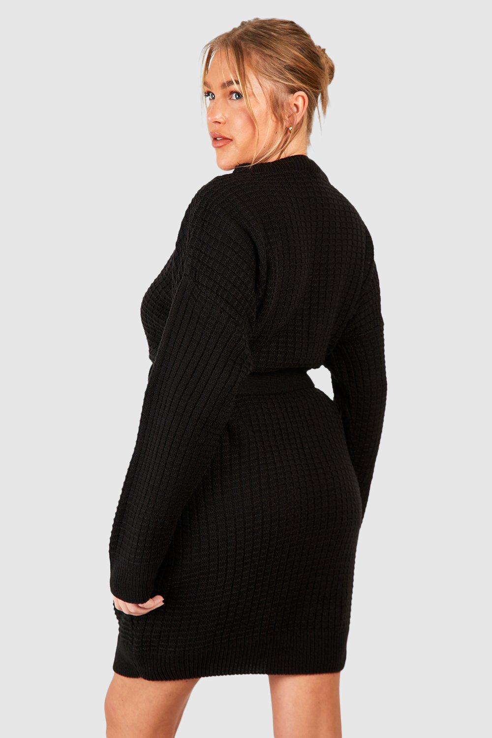 Women's Plus Waffle Knitted Self Belt Jumper Dress | Boohoo UK