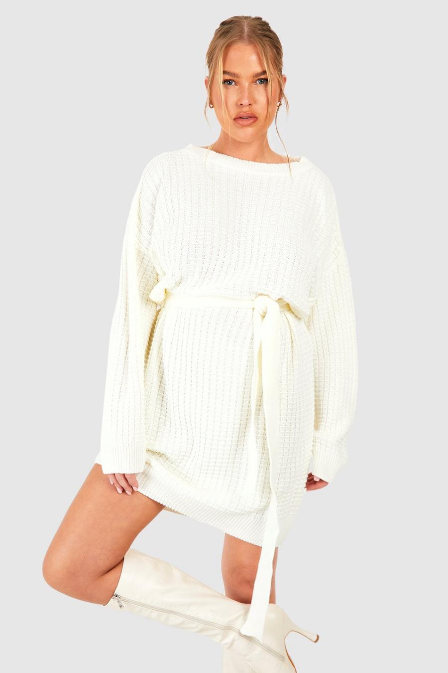Cream Plus Waffle Knitted Self Belt Sweater Dress image number 1