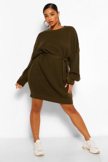 Plus Waffle Knitted Self Belt Sweater Dress khaki