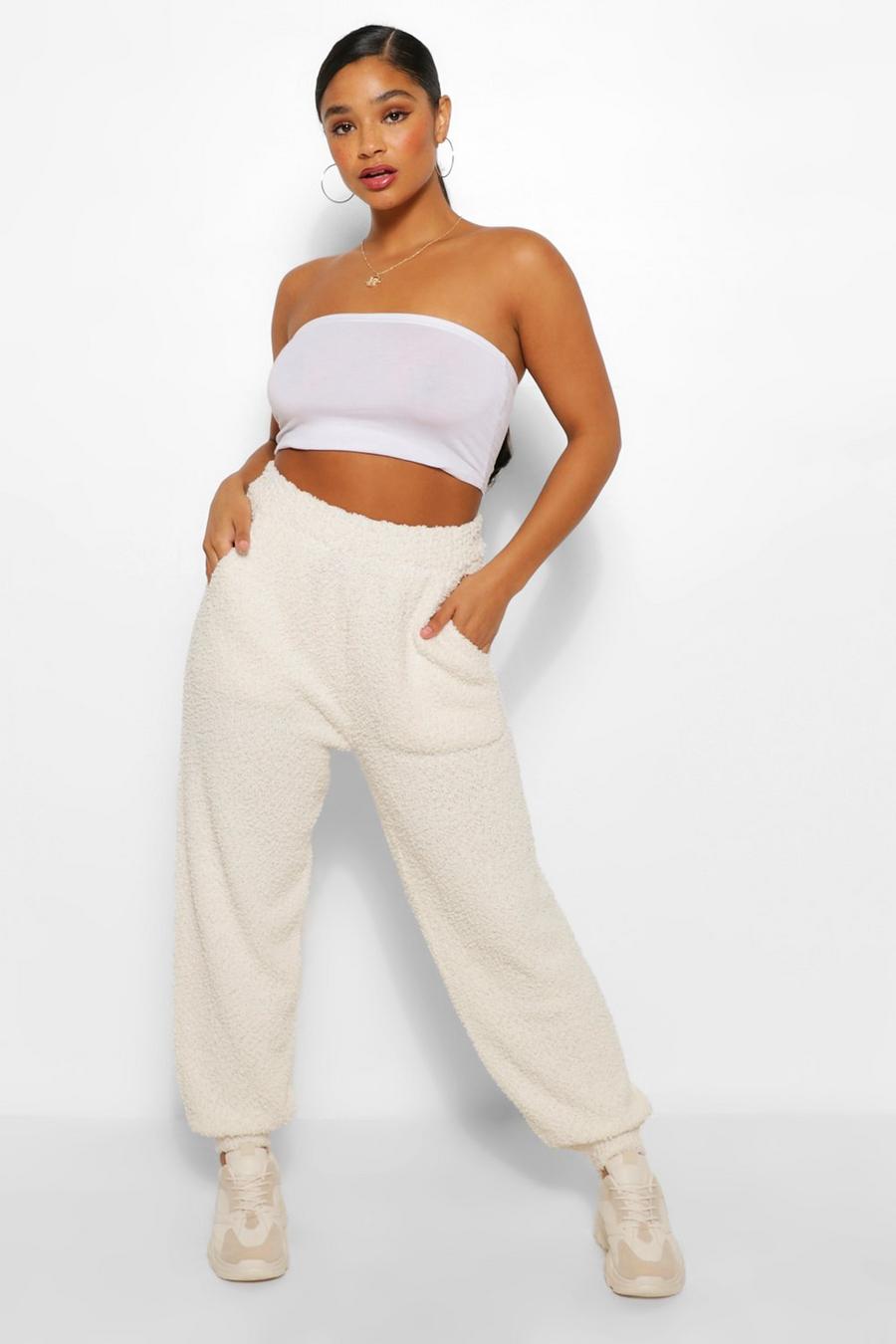 Cream White Plus Textured Knitted Track Pants image number 1