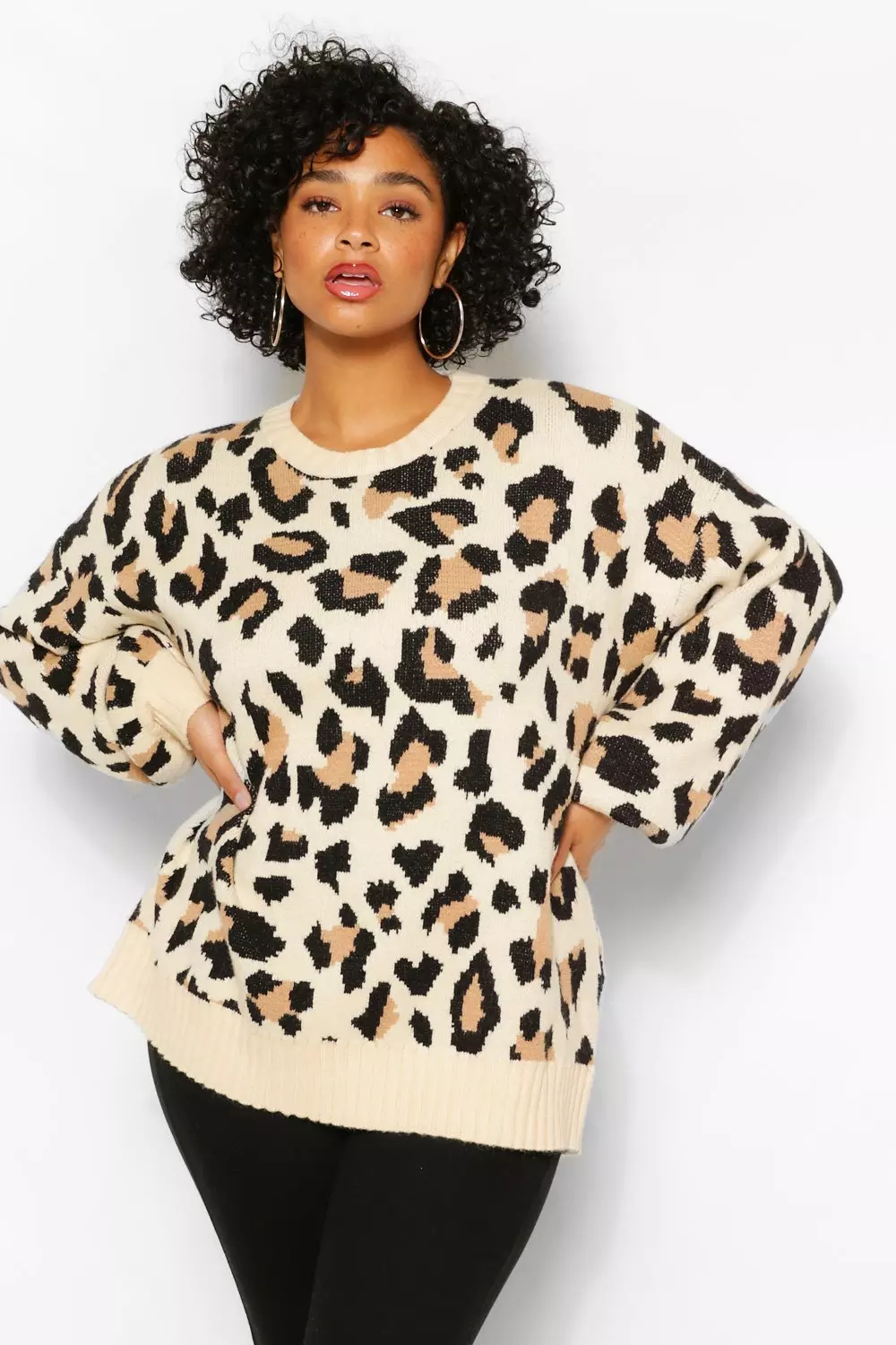 Plus Balloon Sleeve Leopard Print Jumper