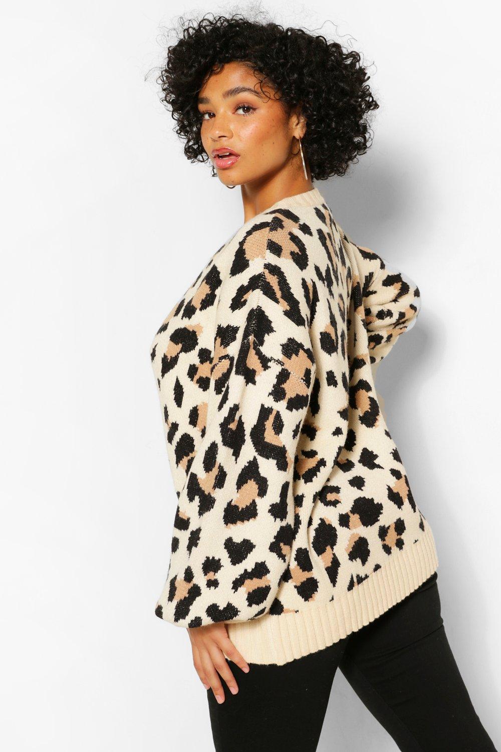 Plus Balloon Sleeve Leopard Print Sweater