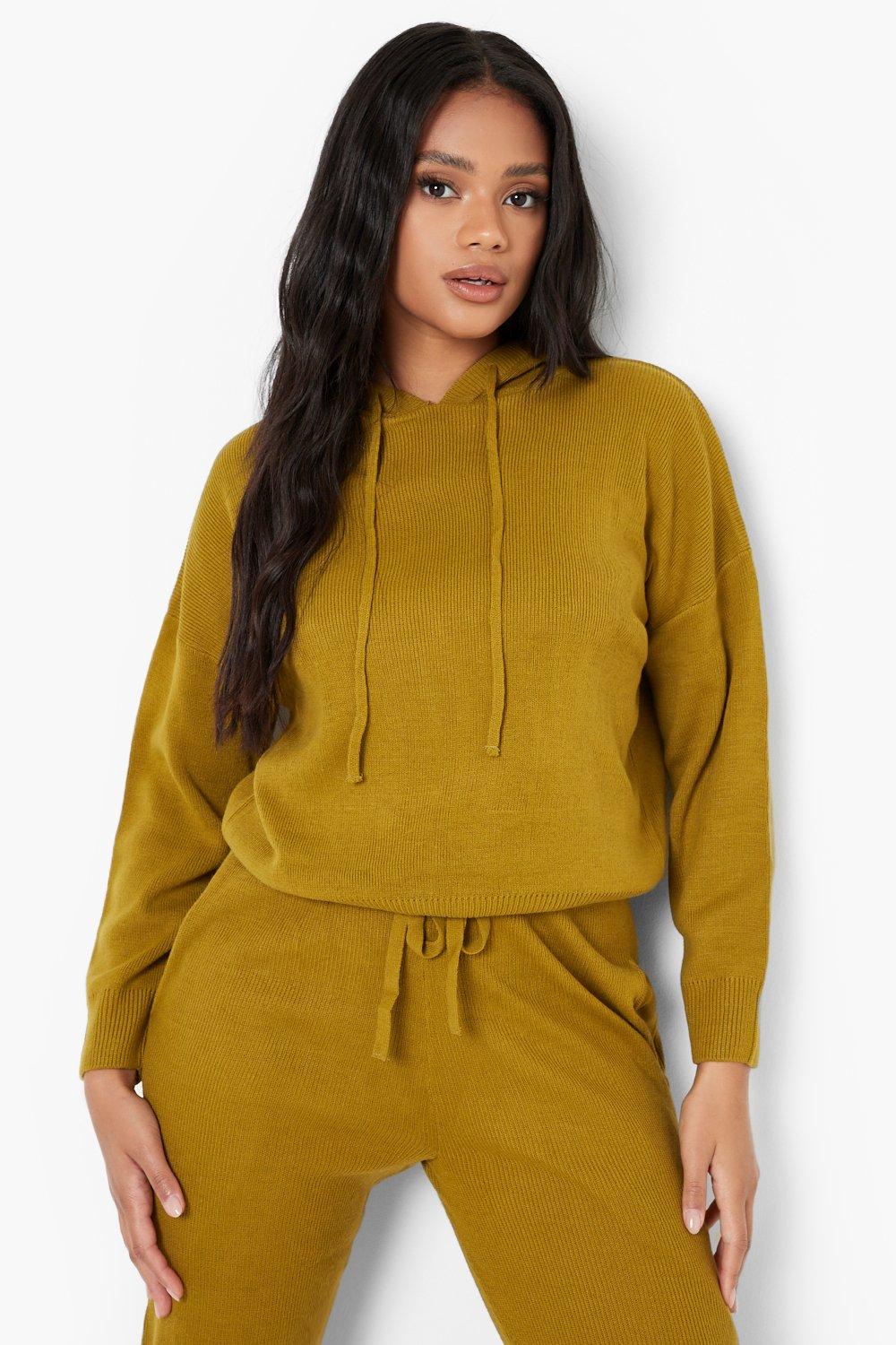 Green Womens Clothing Suits Boohoo Denim Petite Knitted Hoody & Jogger Co-ord in Olive 