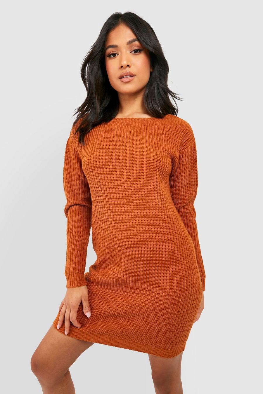 Rust orange Petite Knitted V-Back Mini Dress