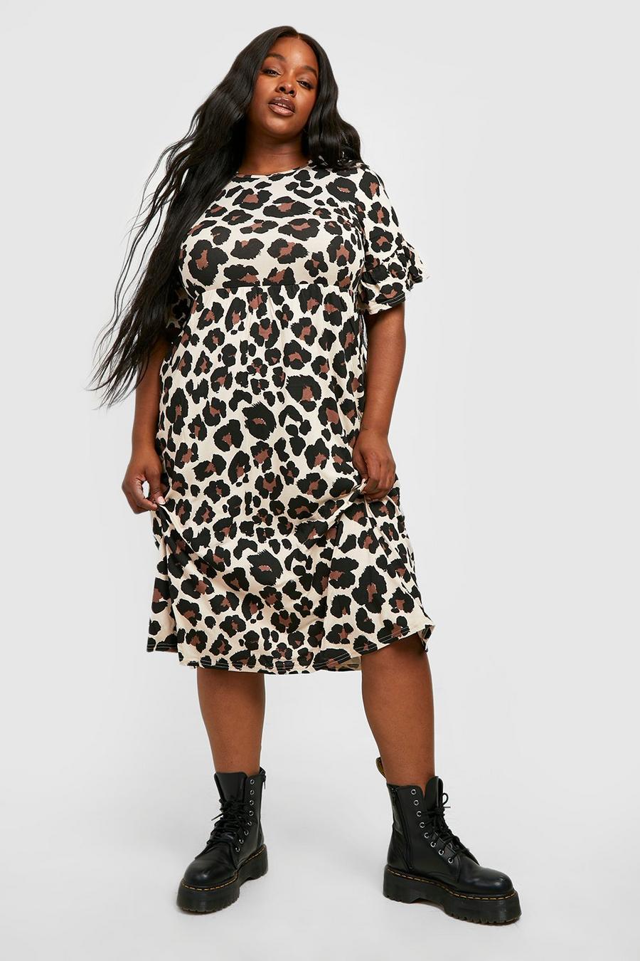 Black Plus Leopard Ruffle Midi Smock Dress