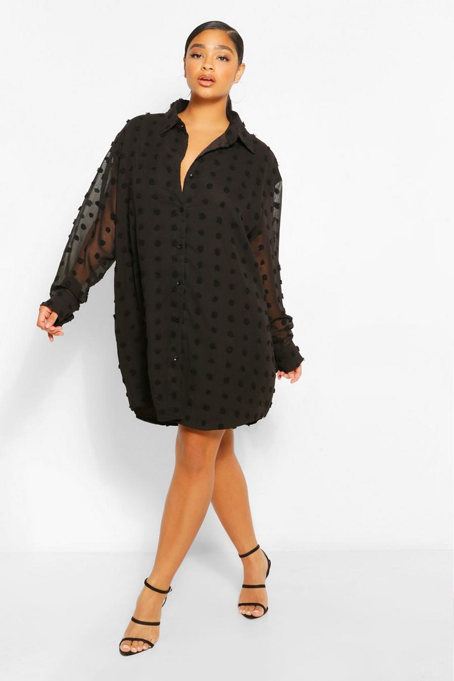 Black Plus Dobby Textured Long Sleeve Shirt Dress image number 1